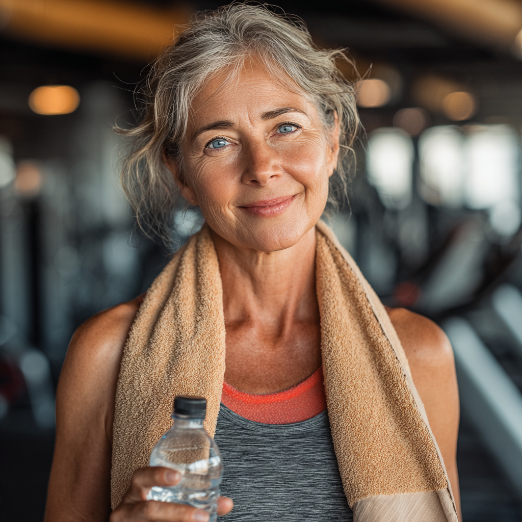 Жінка у віці 52 років у спортивному залі тримає в руках пляшку води та рушник, виглядає енергійно після тренування