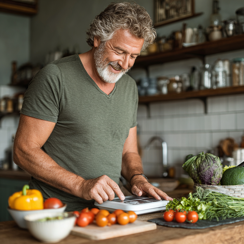 Чоловік у віці 58 років займається приготуванням здорової їжі, зважує продукти на кухонних вагах та посміхається