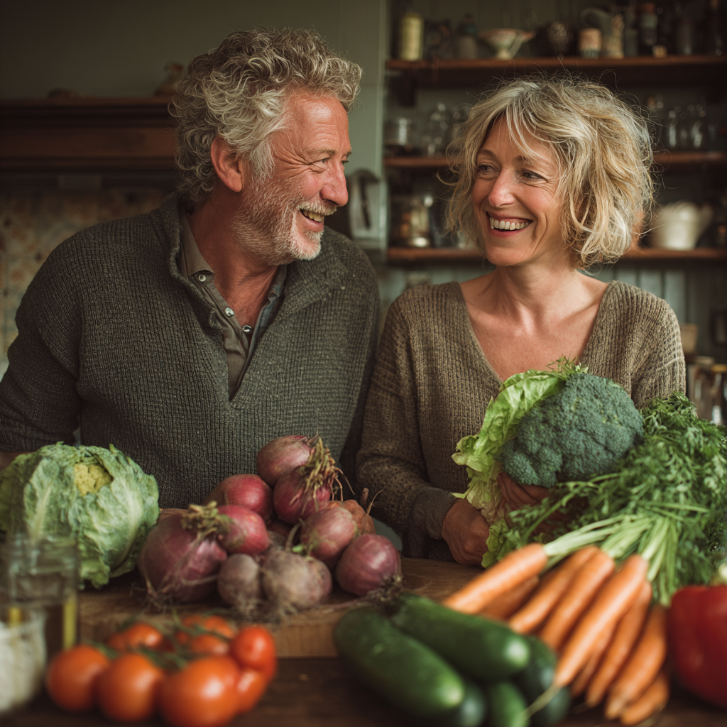 Пара у віці 55-60 років разом готує здорову їжу на кухні, посміхаються та тримають свіжі продукти