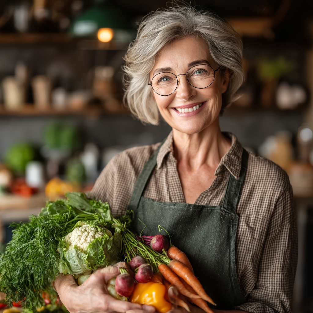 Жінка у віці 55 років готує здорову їжу на кухні, посміхається та тримає в руках свіжі овочі
